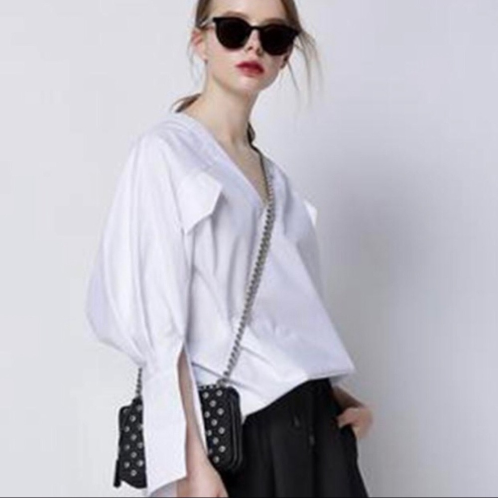Caara Florentina V-Neck Cotton Poplin Top White Large Casual Business Casual